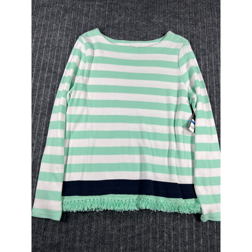 CROWN & IVY Top Women XL Mint White Navy Striped Fringe Hem Long Sleeve NWT